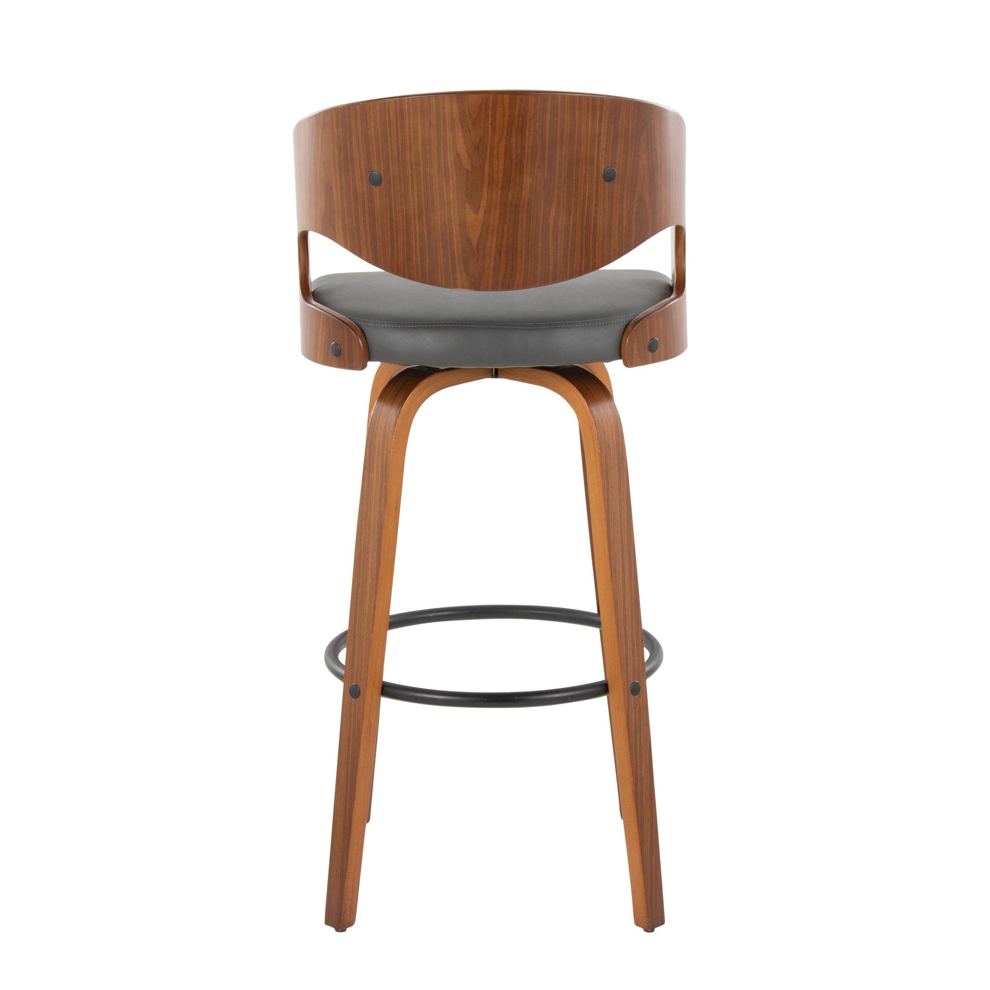 Pino 30" Fixed-Height Barstool - Set of 2 - Walnut Wood, Grey PU, Black Metal