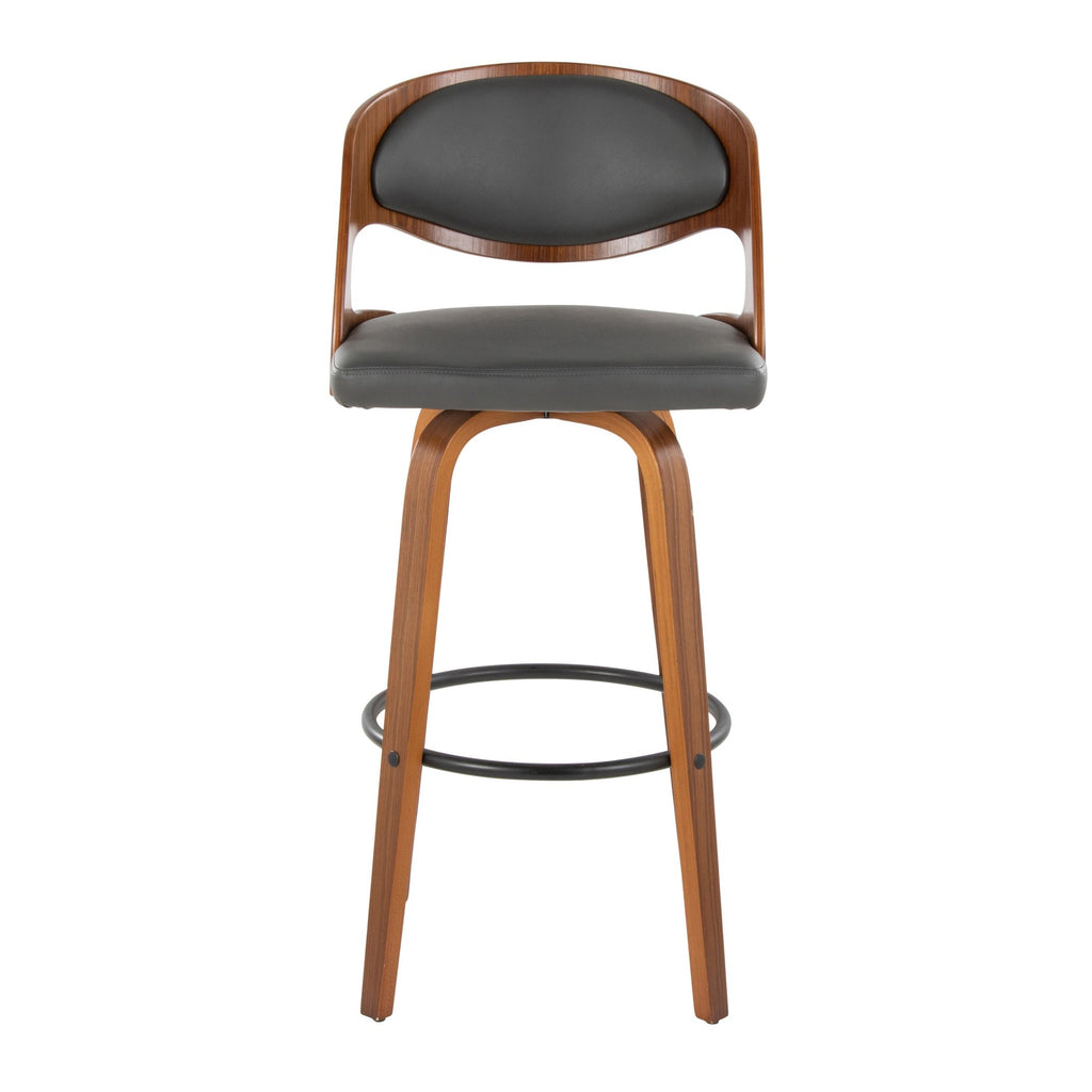 Pino 30" Fixed-Height Barstool - Set of 2 - Walnut Wood, Grey PU, Black Metal