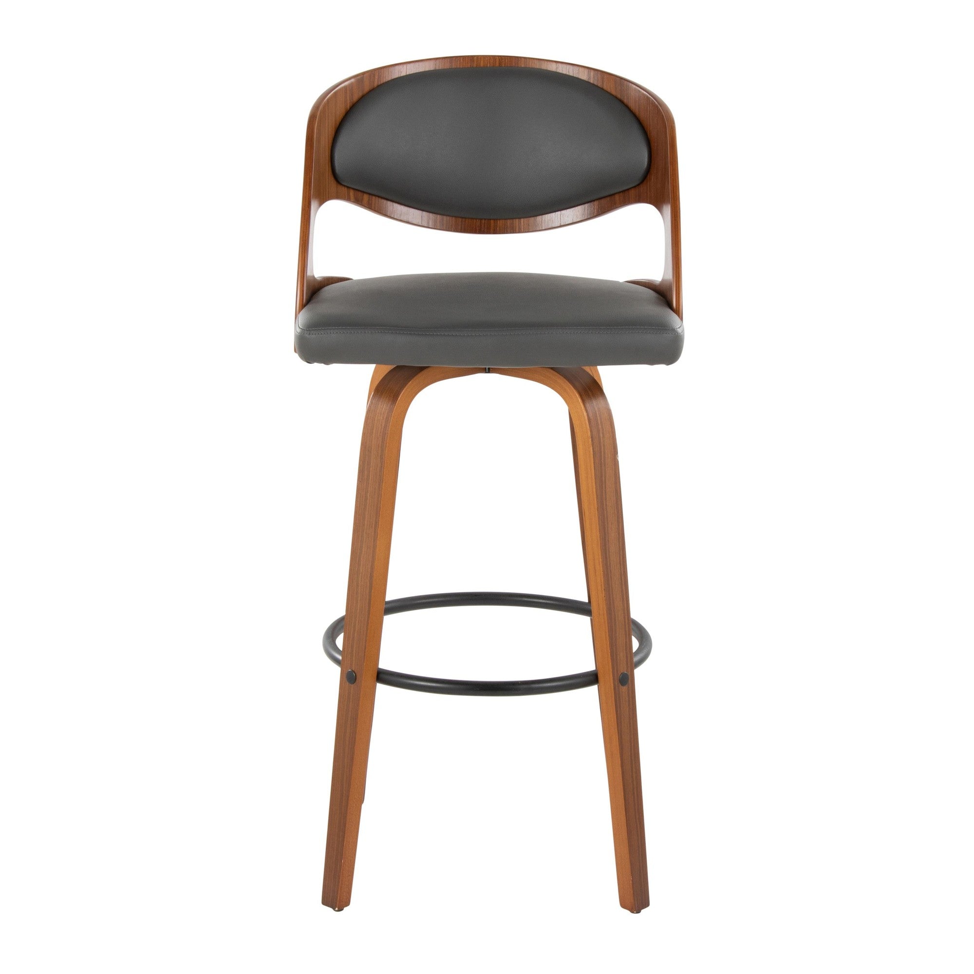 Pino 30" Fixed-Height Barstool - Set of 2 - Walnut Wood, Grey PU, Black Metal