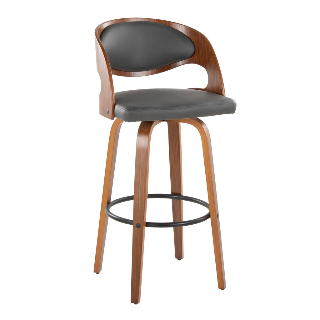 Pino 30" Fixed-Height Barstool - Set of 2 - Walnut Wood, Grey PU, Black Metal