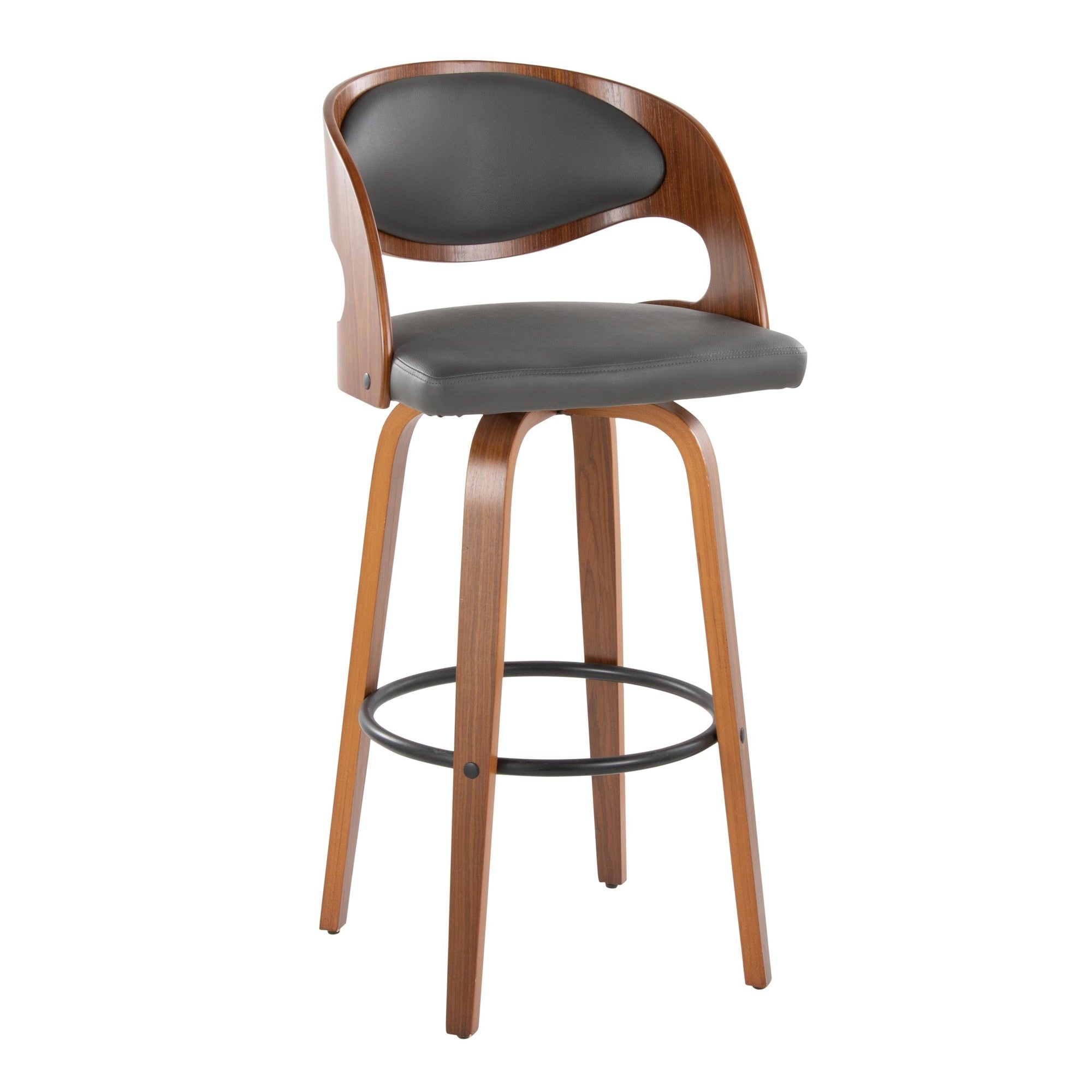Pino 30" Fixed-Height Barstool - Set of 2 - Walnut Wood, Grey PU, Black Metal