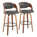 Pino 30" Fixed-Height Barstool - Set of 2 - Walnut Wood, Grey PU, Black Metal