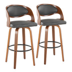 Pino 30" Fixed-Height Barstool - Set of 2 - Walnut Wood, Grey PU, Black Metal