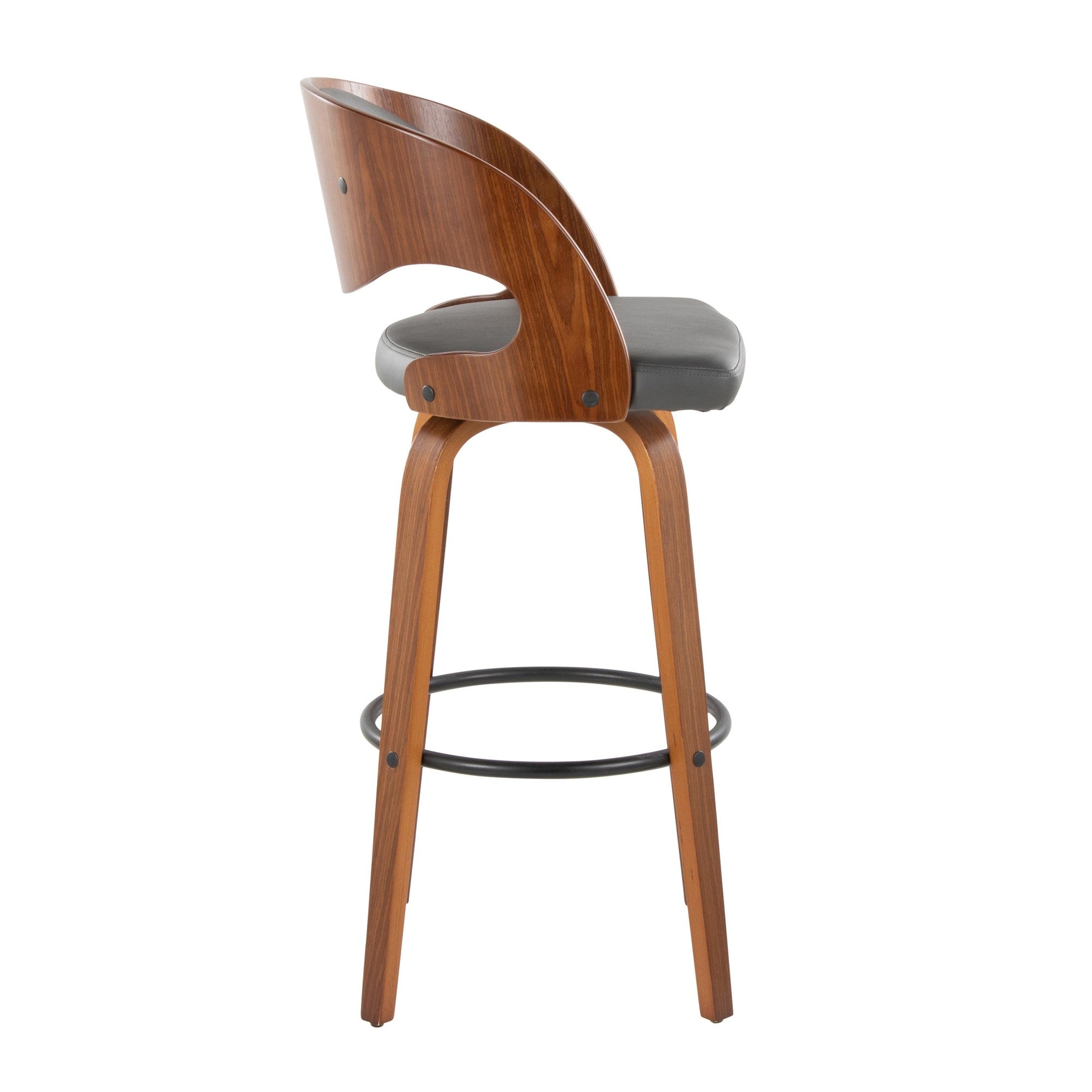 Pino 30" Fixed-Height Barstool - Set of 2 - Walnut Wood, Grey PU, Black Metal