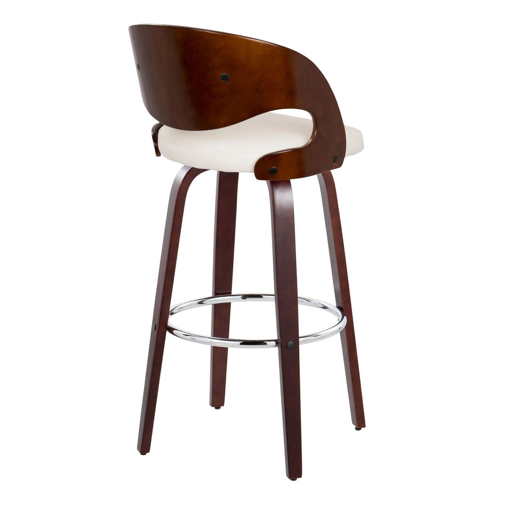 Pino 30" Fixed-Height Barstool - Set of 2 - Mahogany Wood, White PU, Chrome Metal