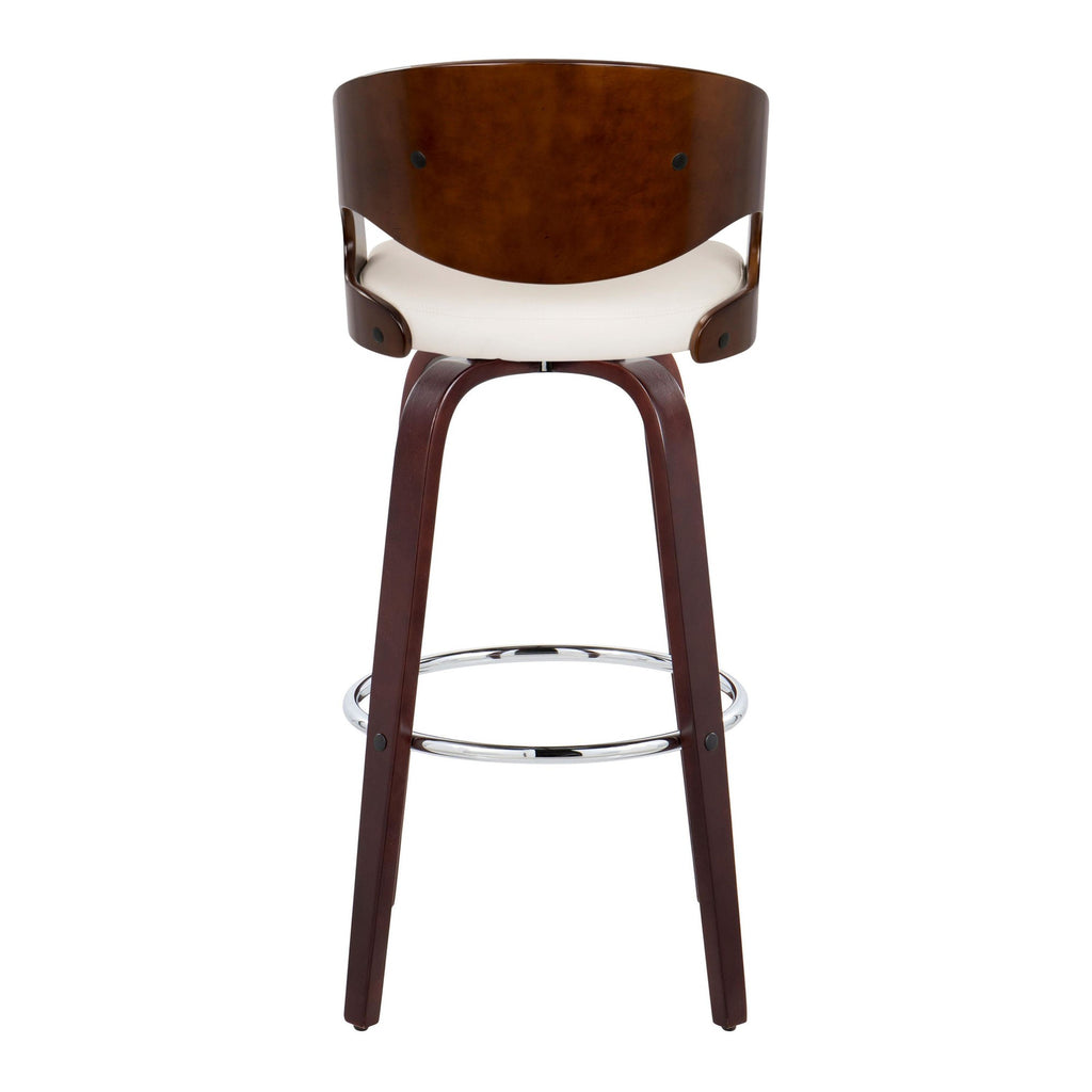 Pino 30" Fixed-Height Barstool - Set of 2 - Mahogany Wood, White PU, Chrome Metal