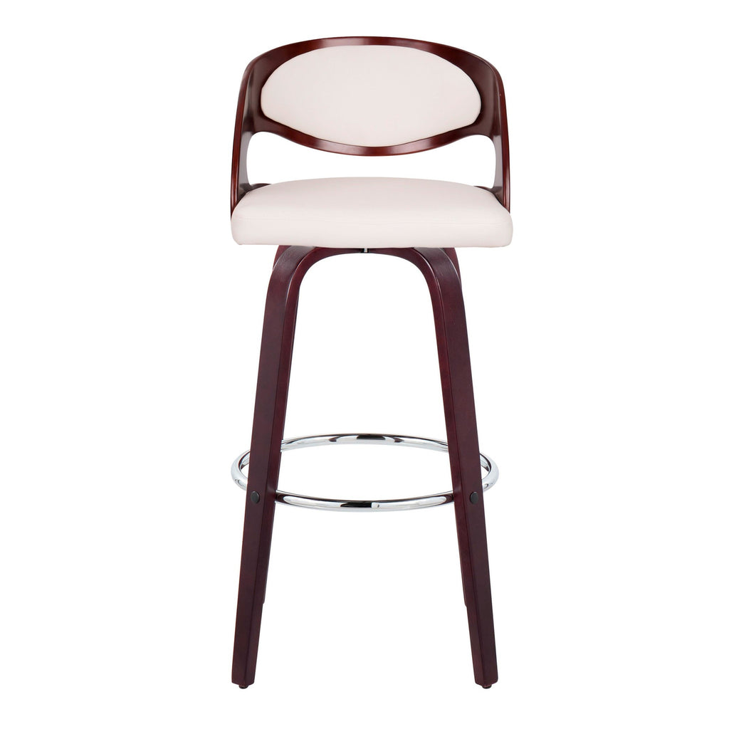 Pino 30" Fixed-Height Barstool - Set of 2 - Mahogany Wood, White PU, Chrome Metal