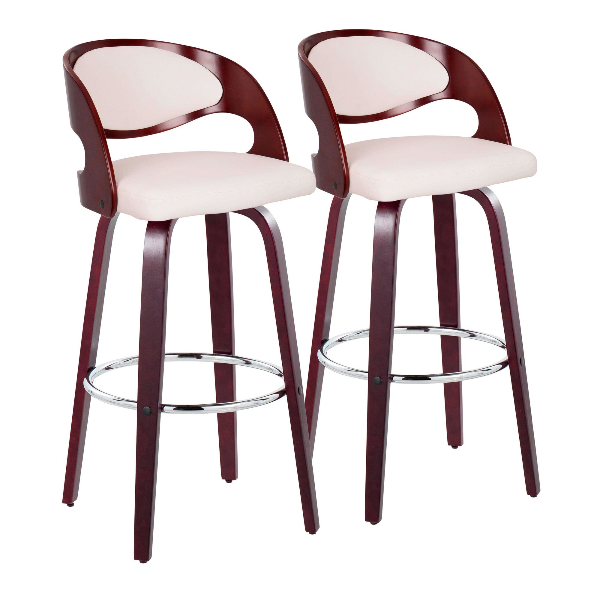 Pino 30" Fixed-Height Barstool - Set of 2 - Mahogany Wood, White PU, Chrome Metal