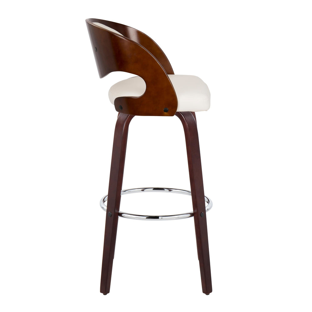 Pino 30" Fixed-Height Barstool - Set of 2 - Mahogany Wood, White PU, Chrome Metal