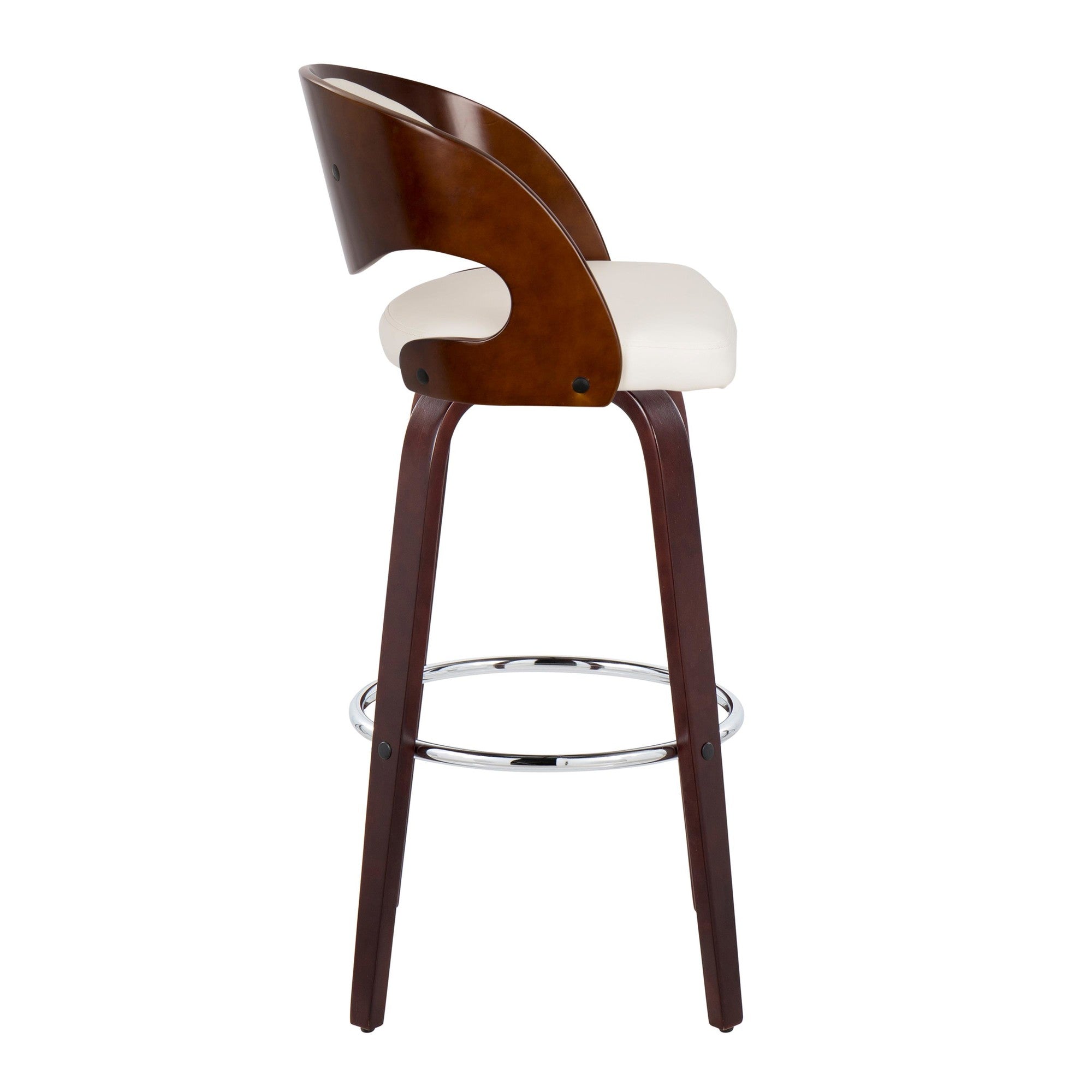 Pino 30" Fixed-Height Barstool - Set of 2 - Mahogany Wood, White PU, Chrome Metal