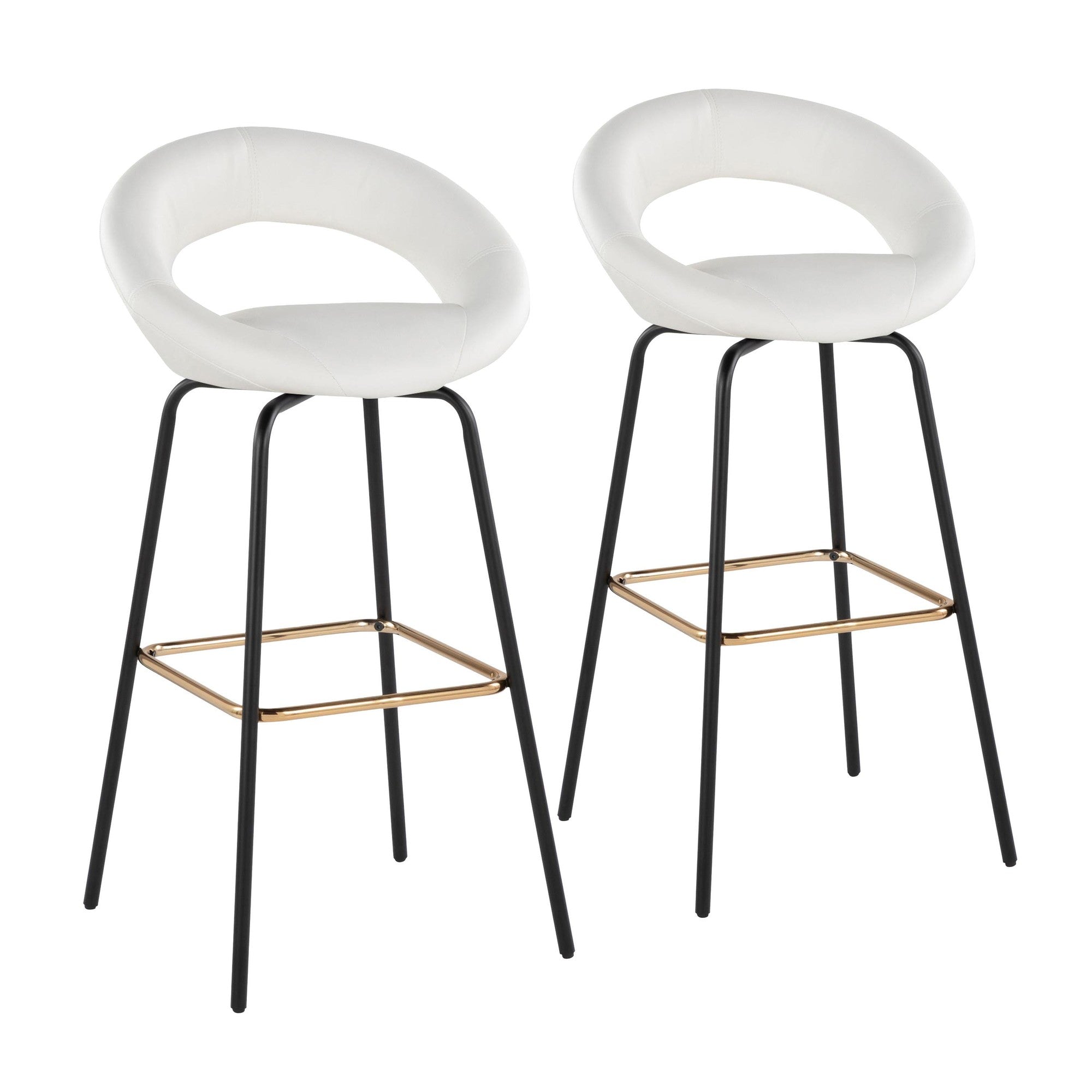 Posh 30" Fixed-Height Barstool - Set of 2 - Black Metal, White PU, Gold Metal