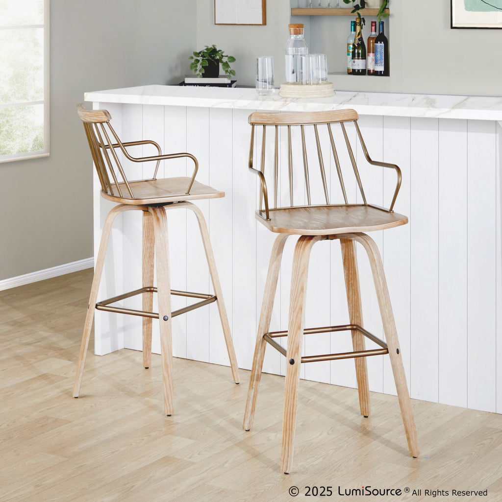 Preston 30" Fixed-Height Barstool - Whitewashed Wood, Antique Copper Metal