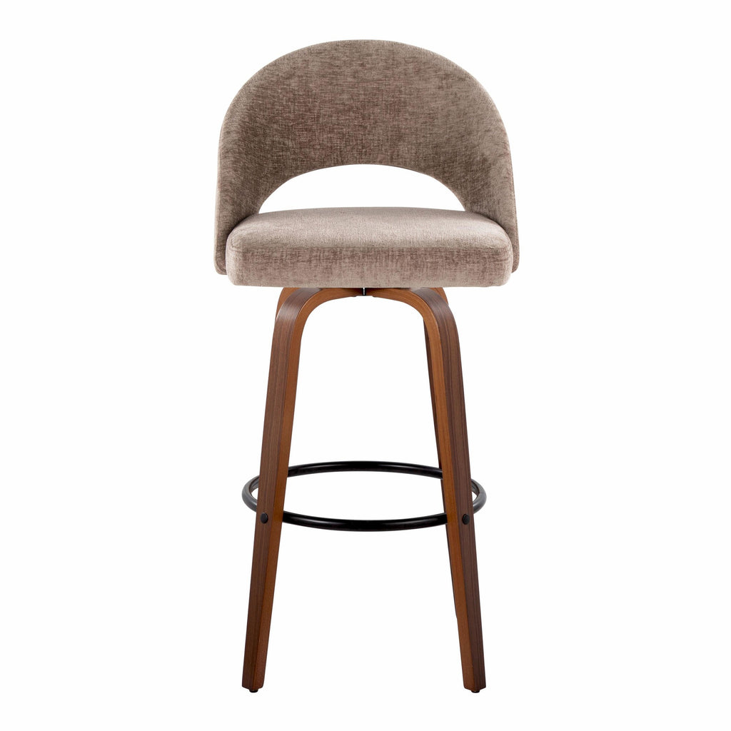 Renee Upholstered 30" Fixed-Height Barstool - Set of 2 - Walnut Wood, Brown Fabric, Black Metal