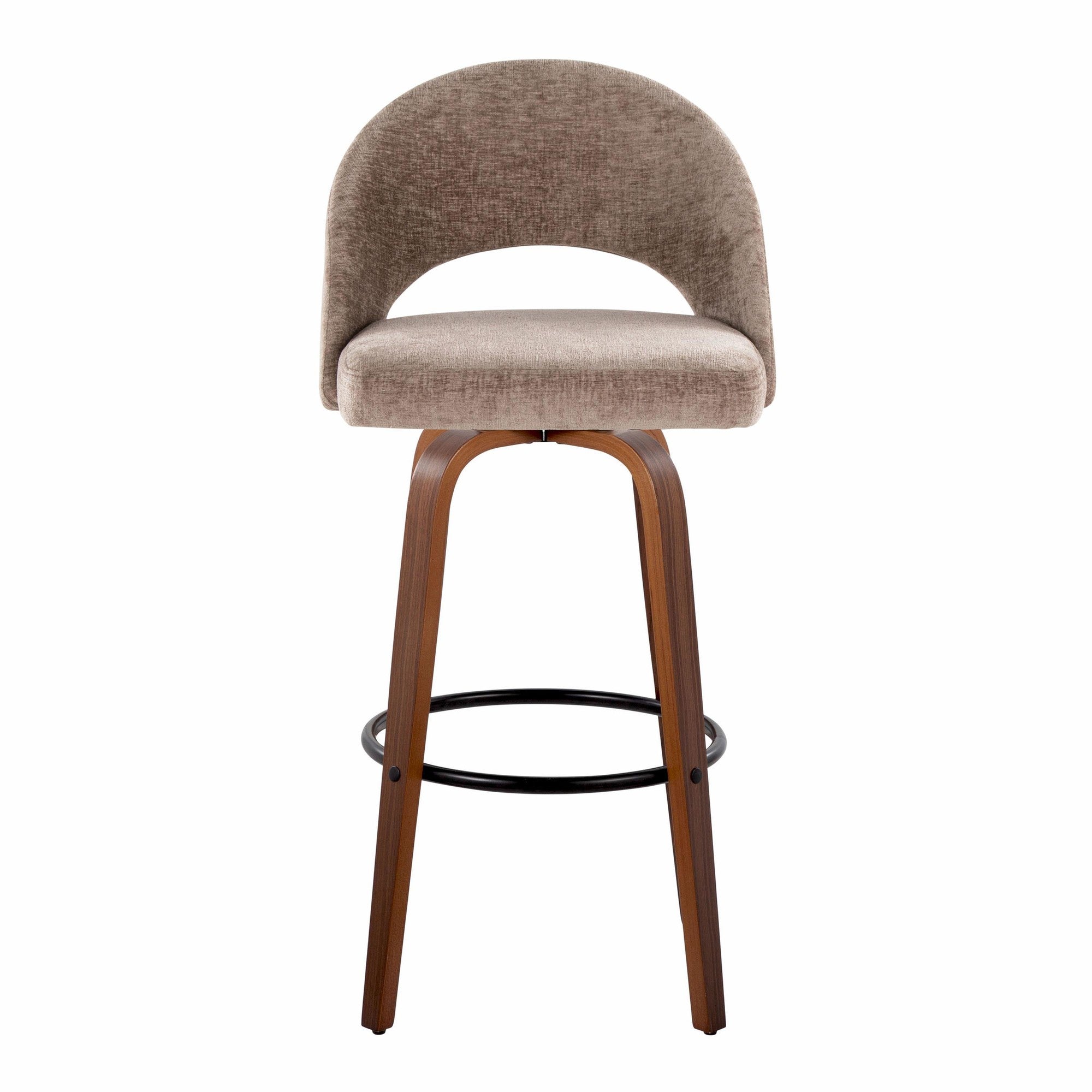 Renee Upholstered 30" Fixed-Height Barstool - Set of 2 - Walnut Wood, Brown Fabric, Black Metal