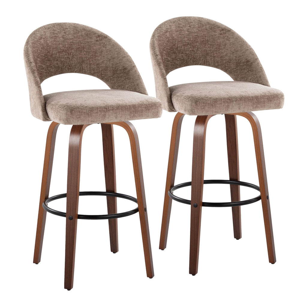 Renee Upholstered 30" Fixed-Height Barstool - Set of 2 - Walnut Wood, Brown Fabric, Black Metal