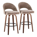 Renee Upholstered 30" Fixed-Height Barstool - Set of 2 - Walnut Wood, Brown Fabric, Black Metal