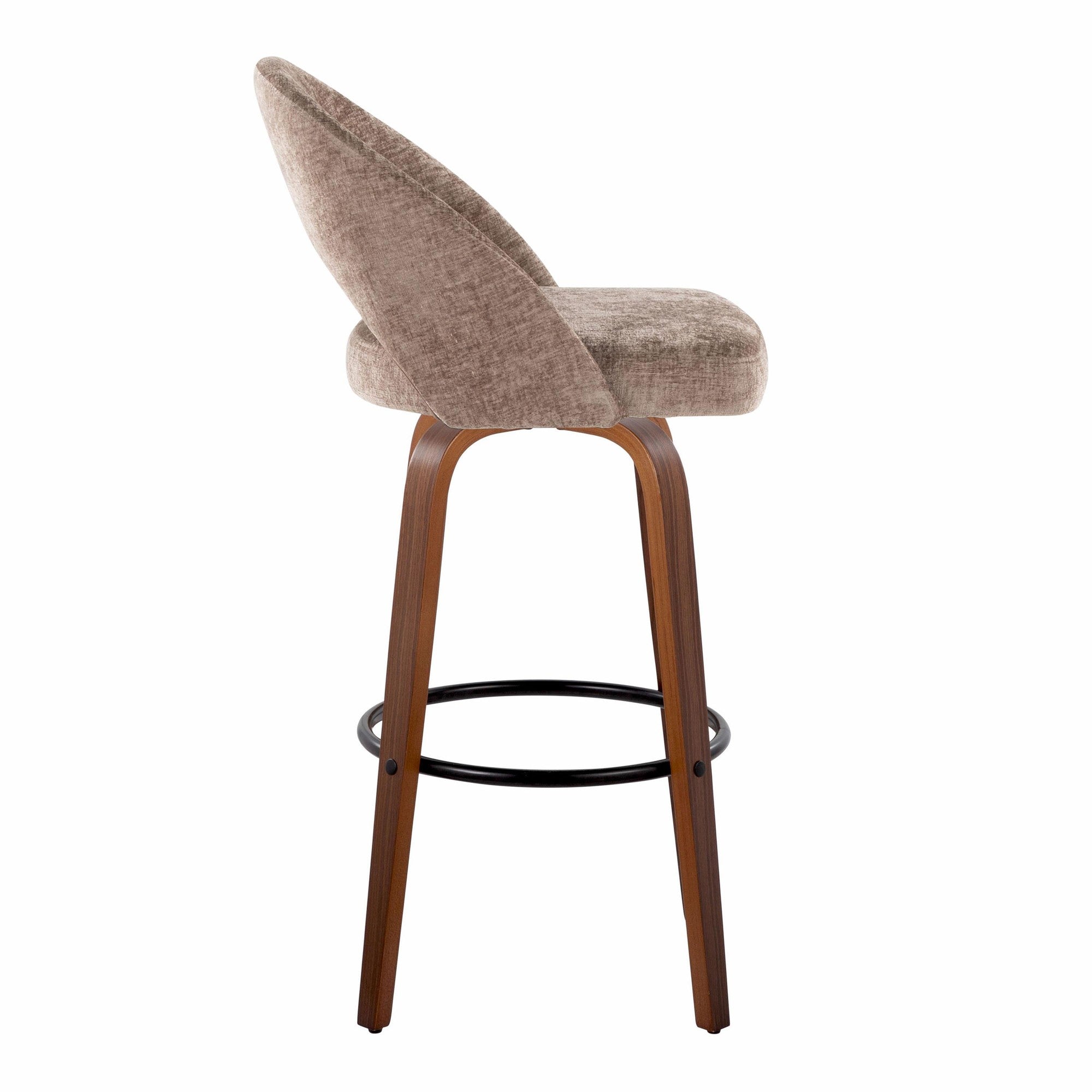 Renee Upholstered 30" Fixed-Height Barstool - Set of 2 - Walnut Wood, Brown Fabric, Black Metal