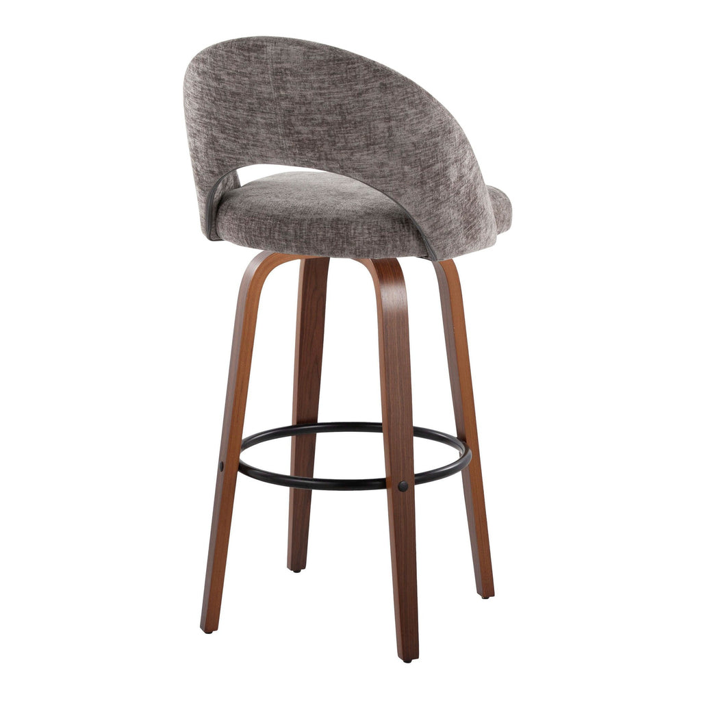 Renee Upholstered 30" Fixed-Height Barstool - Set of 2 - Walnut Wood, Dark Grey Fabric, Black Metal