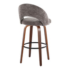 Renee Upholstered 30" Fixed-Height Barstool - Set of 2 - Walnut Wood, Dark Grey Fabric, Black Metal