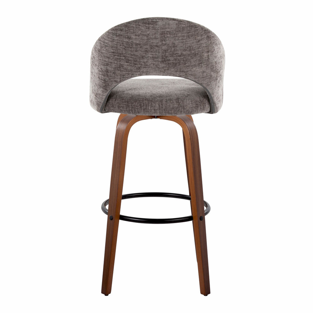Renee Upholstered 30" Fixed-Height Barstool - Set of 2 - Walnut Wood, Dark Grey Fabric, Black Metal