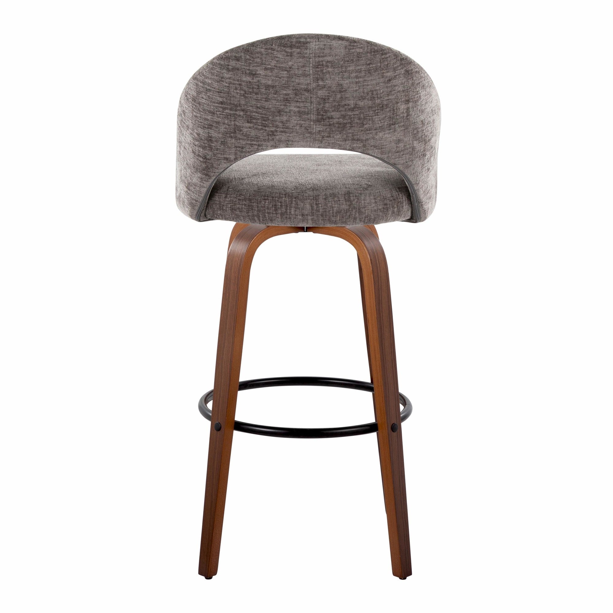 Renee Upholstered 30" Fixed-Height Barstool - Set of 2 - Walnut Wood, Dark Grey Fabric, Black Metal