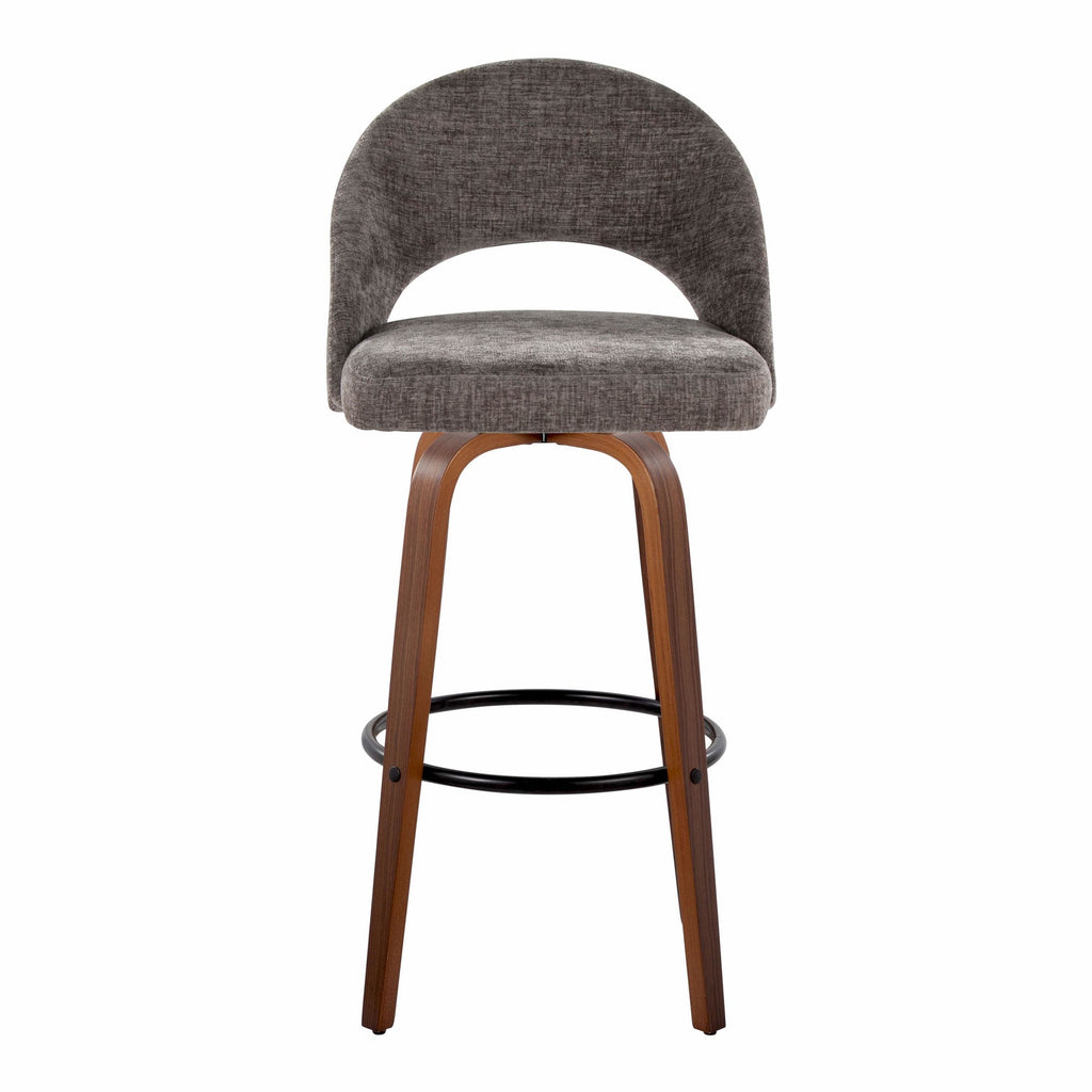 Renee Upholstered 30" Fixed-Height Barstool - Set of 2 - Walnut Wood, Dark Grey Fabric, Black Metal