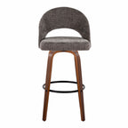 Renee Upholstered 30" Fixed-Height Barstool - Set of 2 - Walnut Wood, Dark Grey Fabric, Black Metal