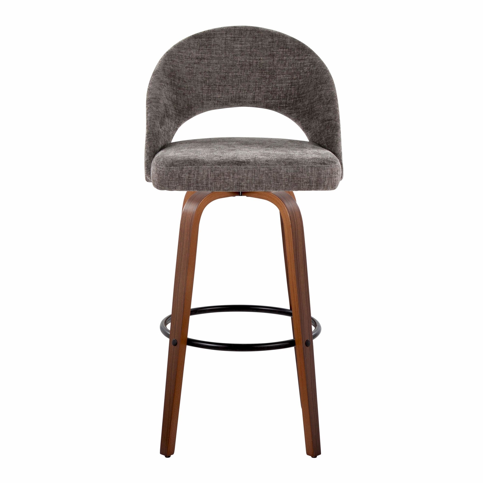 Renee Upholstered 30" Fixed-Height Barstool - Set of 2 - Walnut Wood, Dark Grey Fabric, Black Metal
