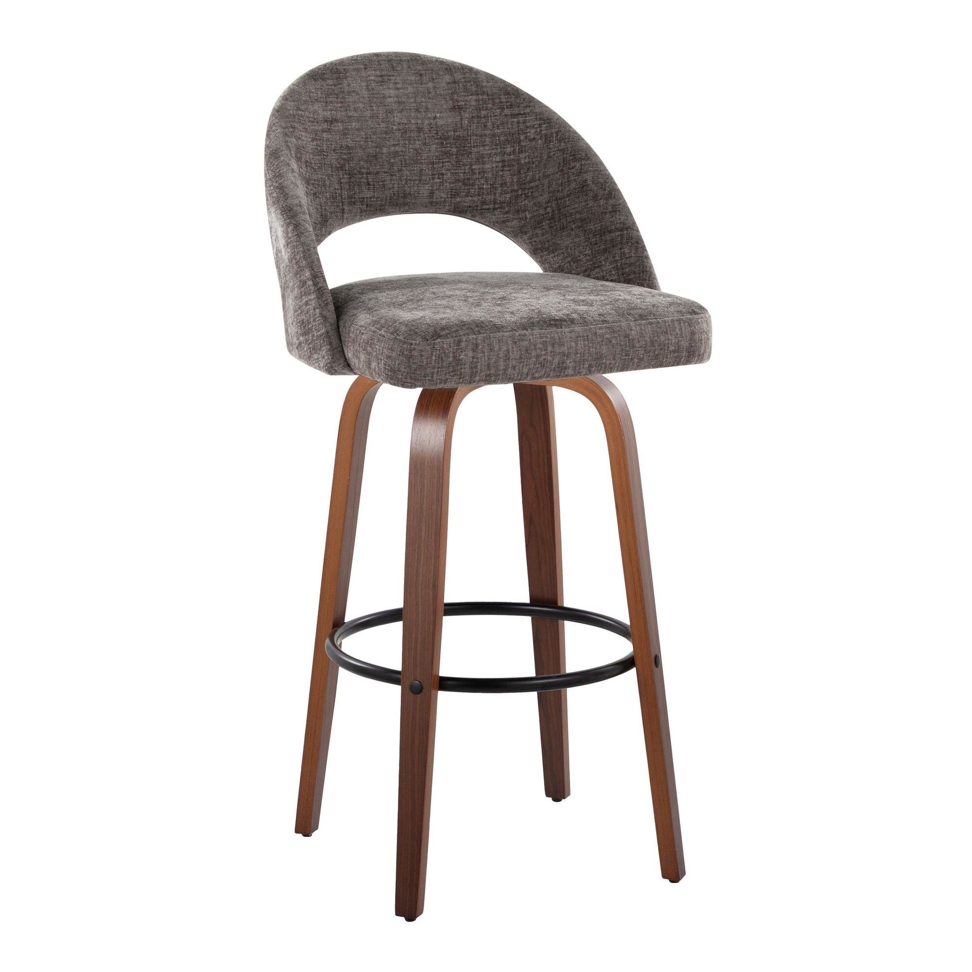 Renee Upholstered 30" Fixed-Height Barstool - Set of 2 - Walnut Wood, Dark Grey Fabric, Black Metal