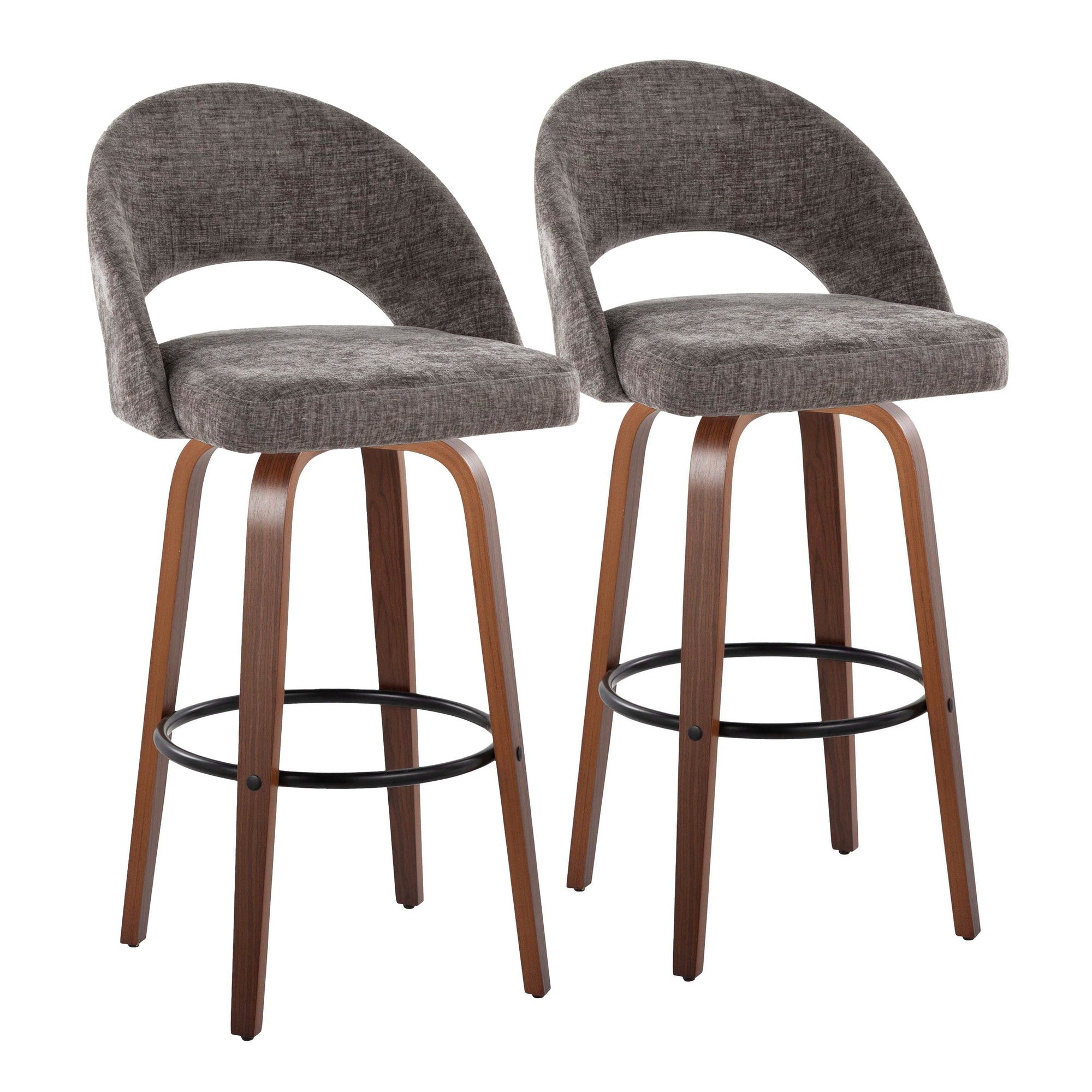 Renee Upholstered 30" Fixed-Height Barstool - Set of 2 - Walnut Wood, Dark Grey Fabric, Black Metal
