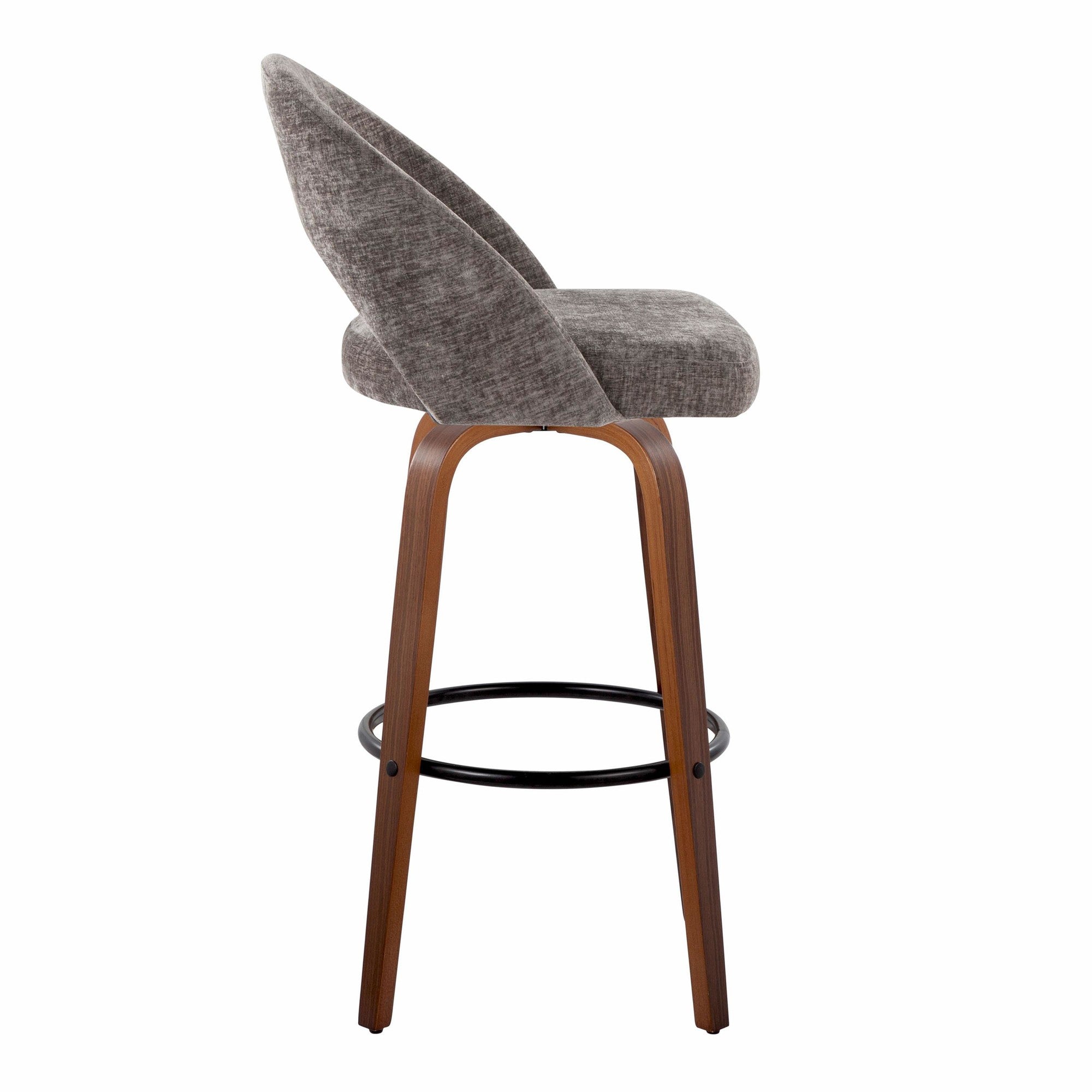 Renee Upholstered 30" Fixed-Height Barstool - Set of 2 - Walnut Wood, Dark Grey Fabric, Black Metal