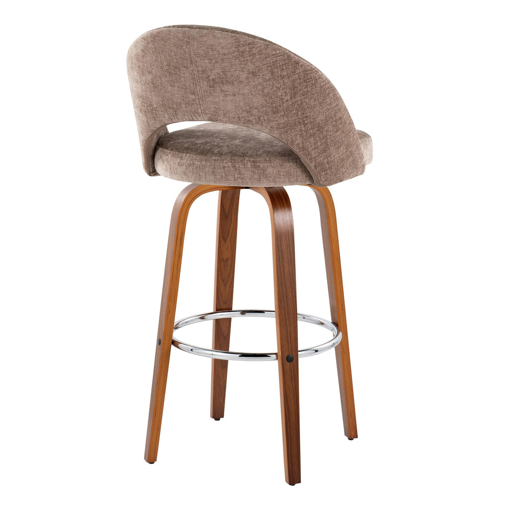 Renee Upholstered 30" Fixed-Height Barstool - Set of 2 - Walnut Wood, Brown Fabric, Chrome Metal