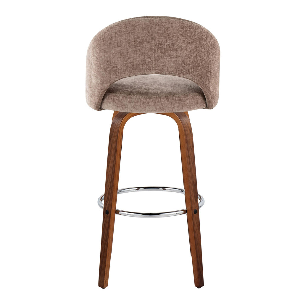 Renee Upholstered 30" Fixed-Height Barstool - Set of 2 - Walnut Wood, Brown Fabric, Chrome Metal