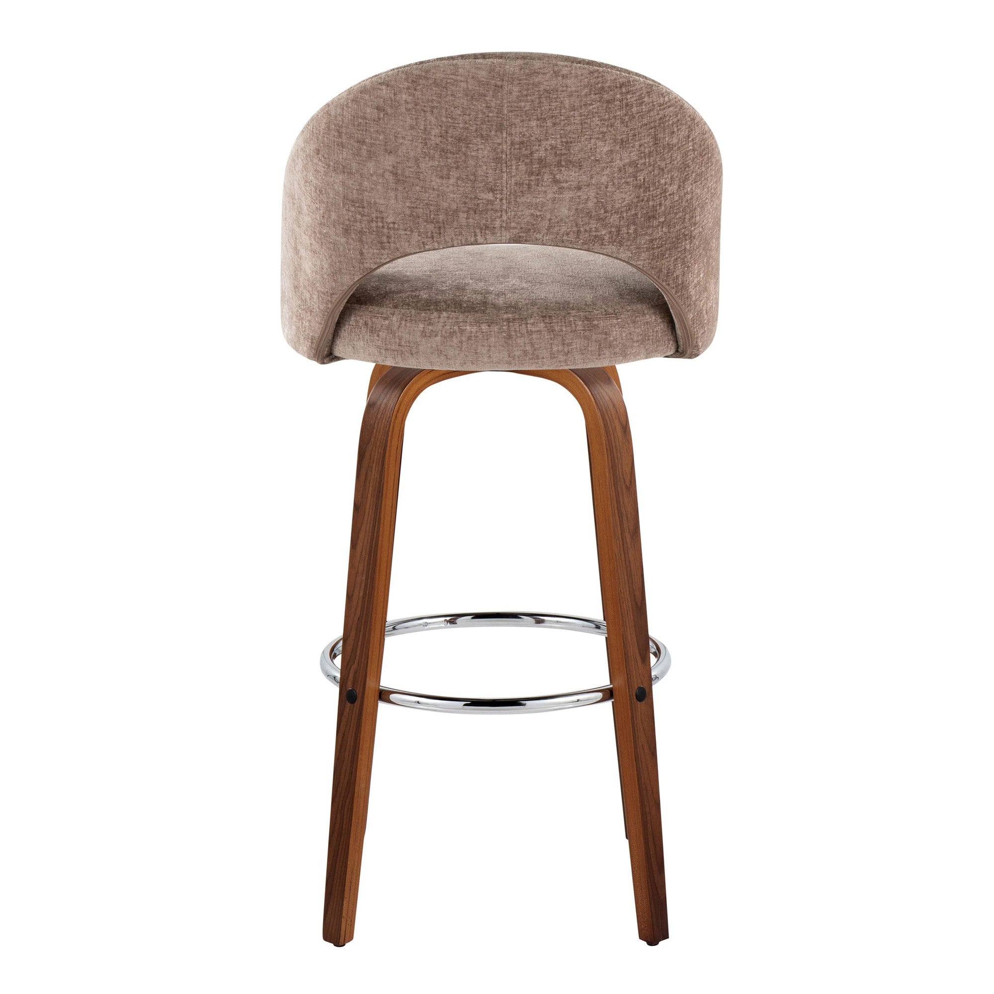 Renee Upholstered 30" Fixed-Height Barstool - Set of 2 - Walnut Wood, Brown Fabric, Chrome Metal