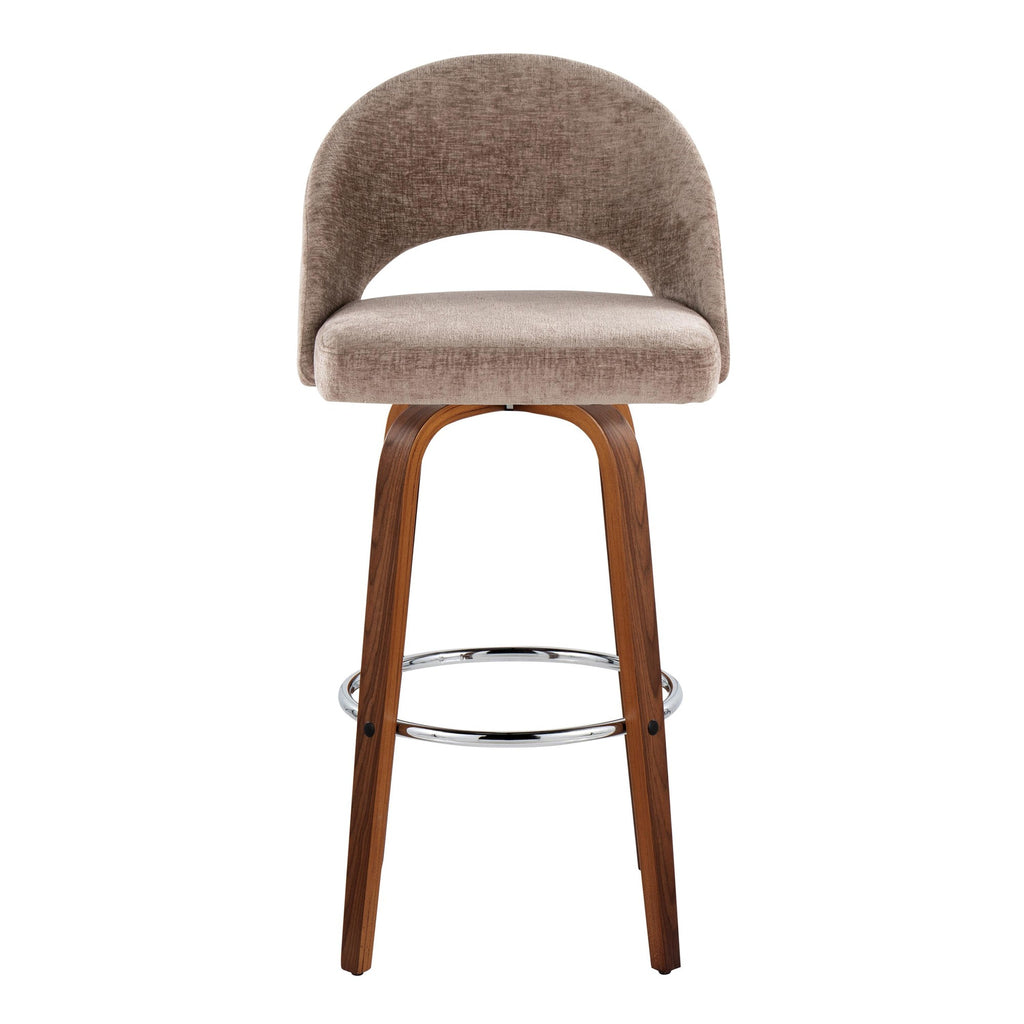 Renee Upholstered 30" Fixed-Height Barstool - Set of 2 - Walnut Wood, Brown Fabric, Chrome Metal