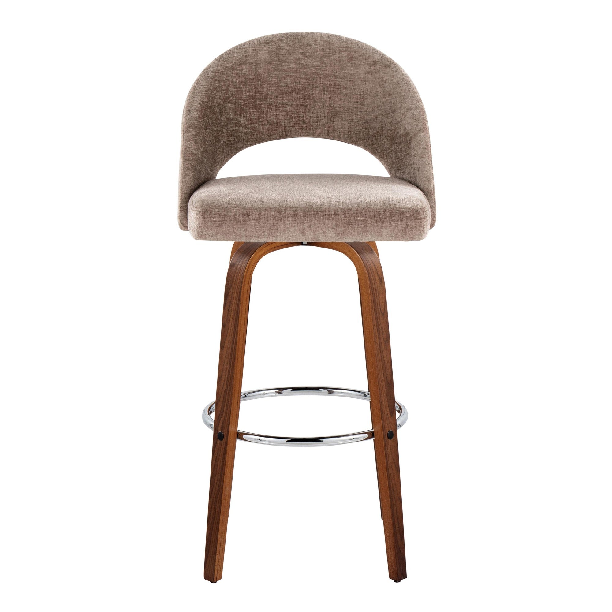 Renee Upholstered 30" Fixed-Height Barstool - Set of 2 - Walnut Wood, Brown Fabric, Chrome Metal