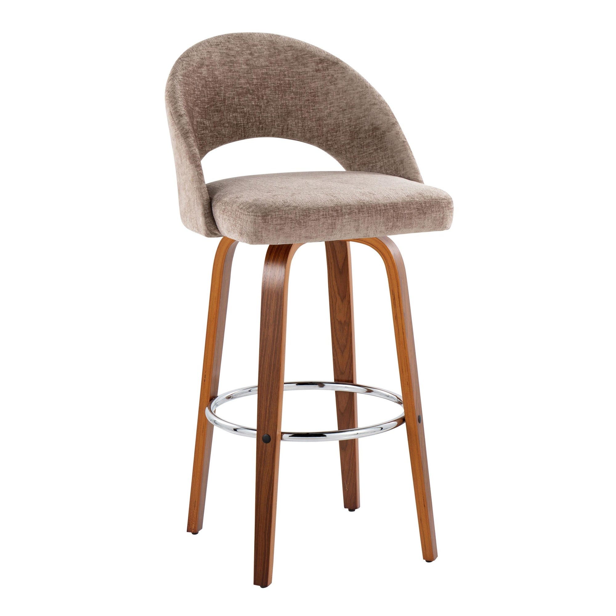 Renee Upholstered 30" Fixed-Height Barstool - Set of 2 - Walnut Wood, Brown Fabric, Chrome Metal