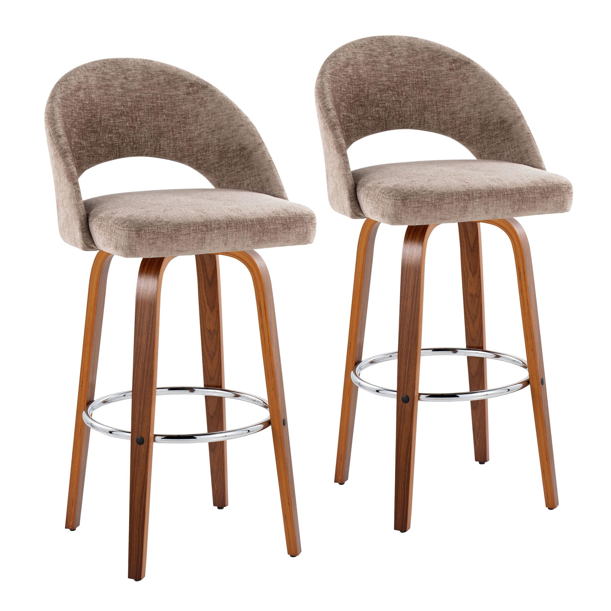 Renee Upholstered 30" Fixed-Height Barstool - Set of 2 - Walnut Wood, Brown Fabric, Chrome Metal