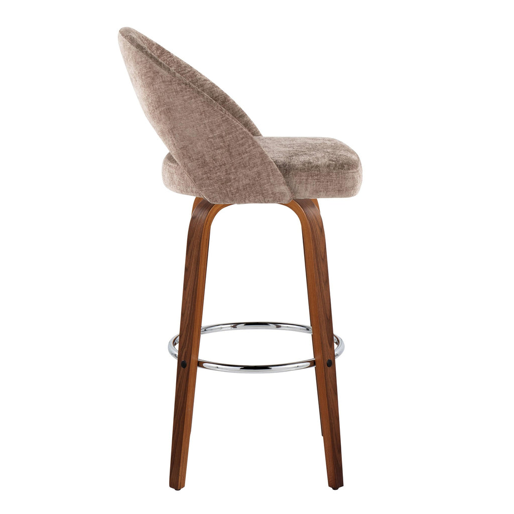Renee Upholstered 30" Fixed-Height Barstool - Set of 2 - Walnut Wood, Brown Fabric, Chrome Metal
