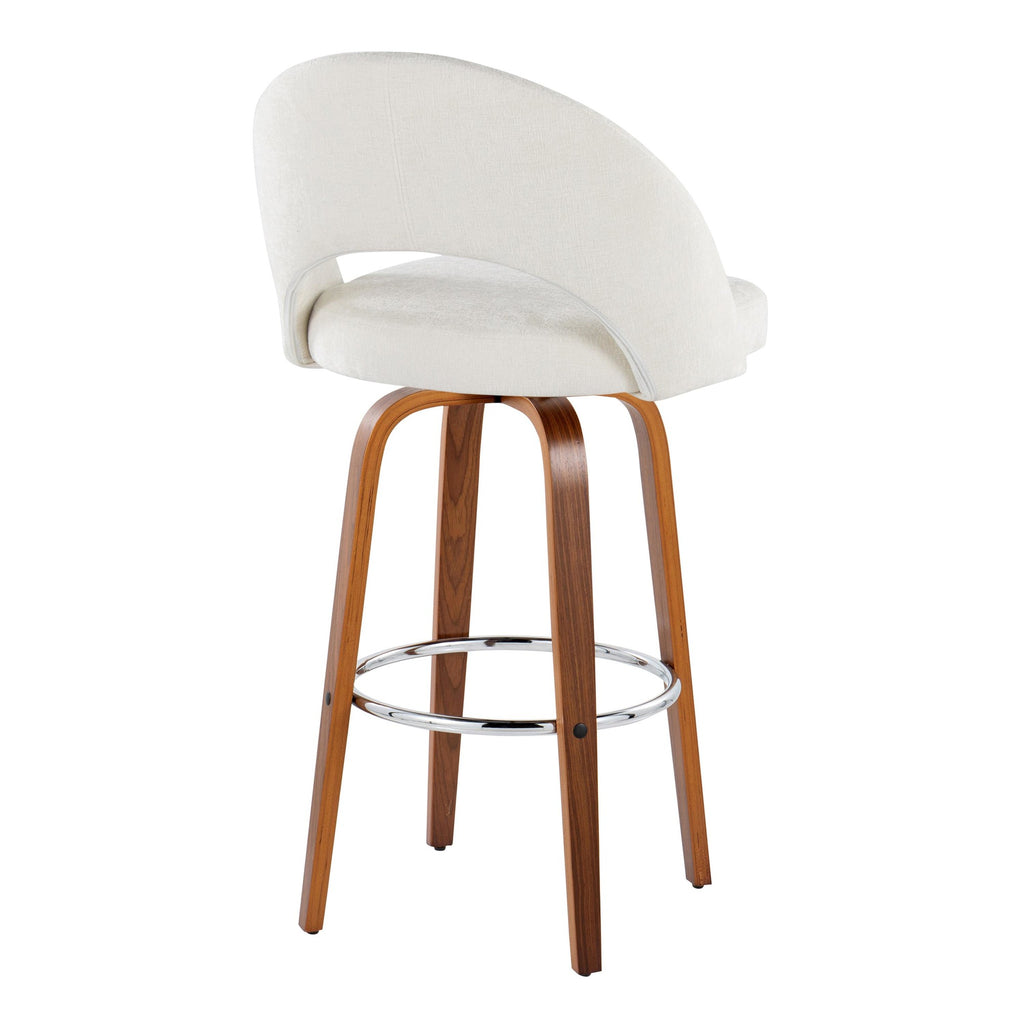 Renee Upholstered 30" Fixed-Height Barstool - Set of 2 - Walnut Wood, Cream Fabric, Chrome Metal