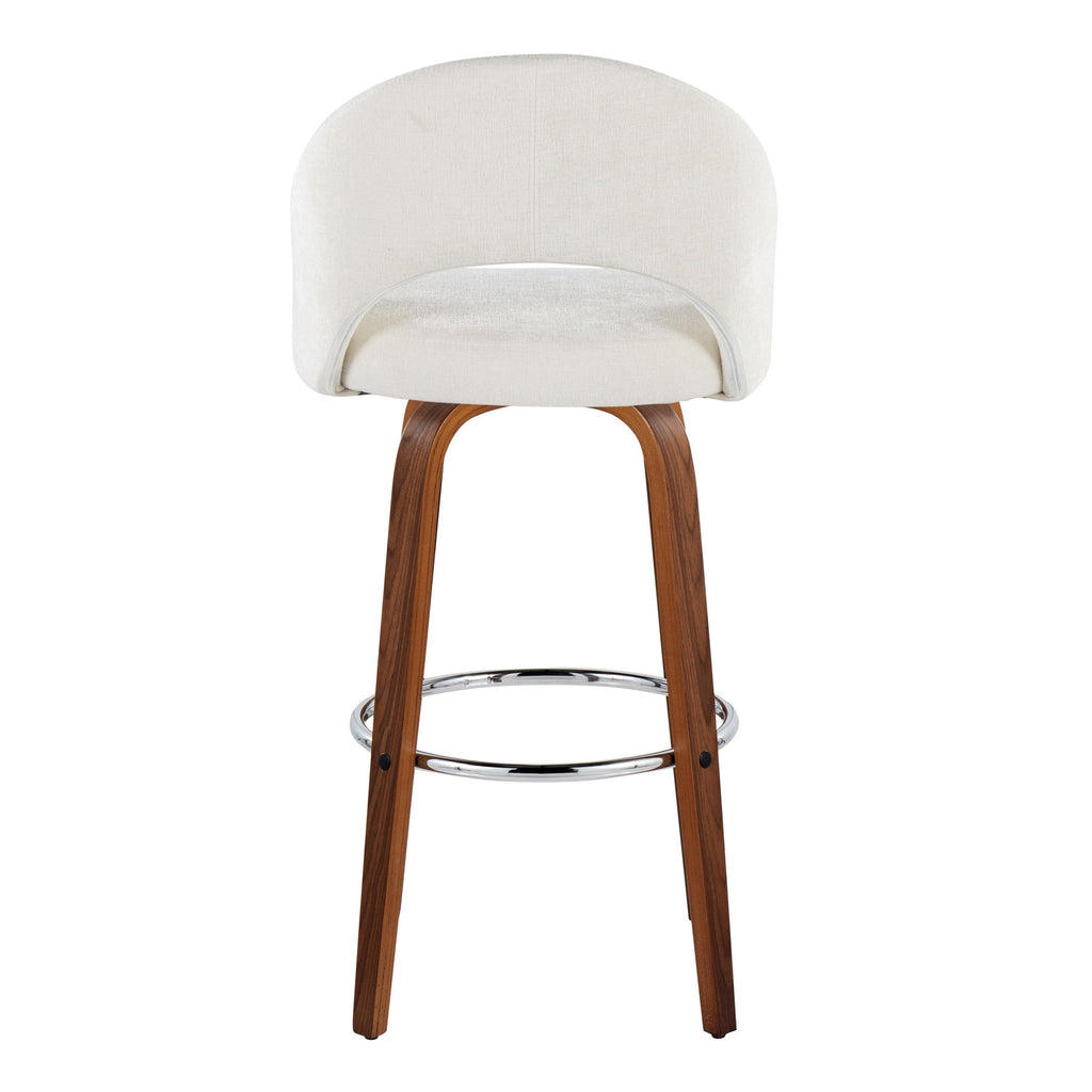 Renee Upholstered 30" Fixed-Height Barstool - Set of 2 - Walnut Wood, Cream Fabric, Chrome Metal
