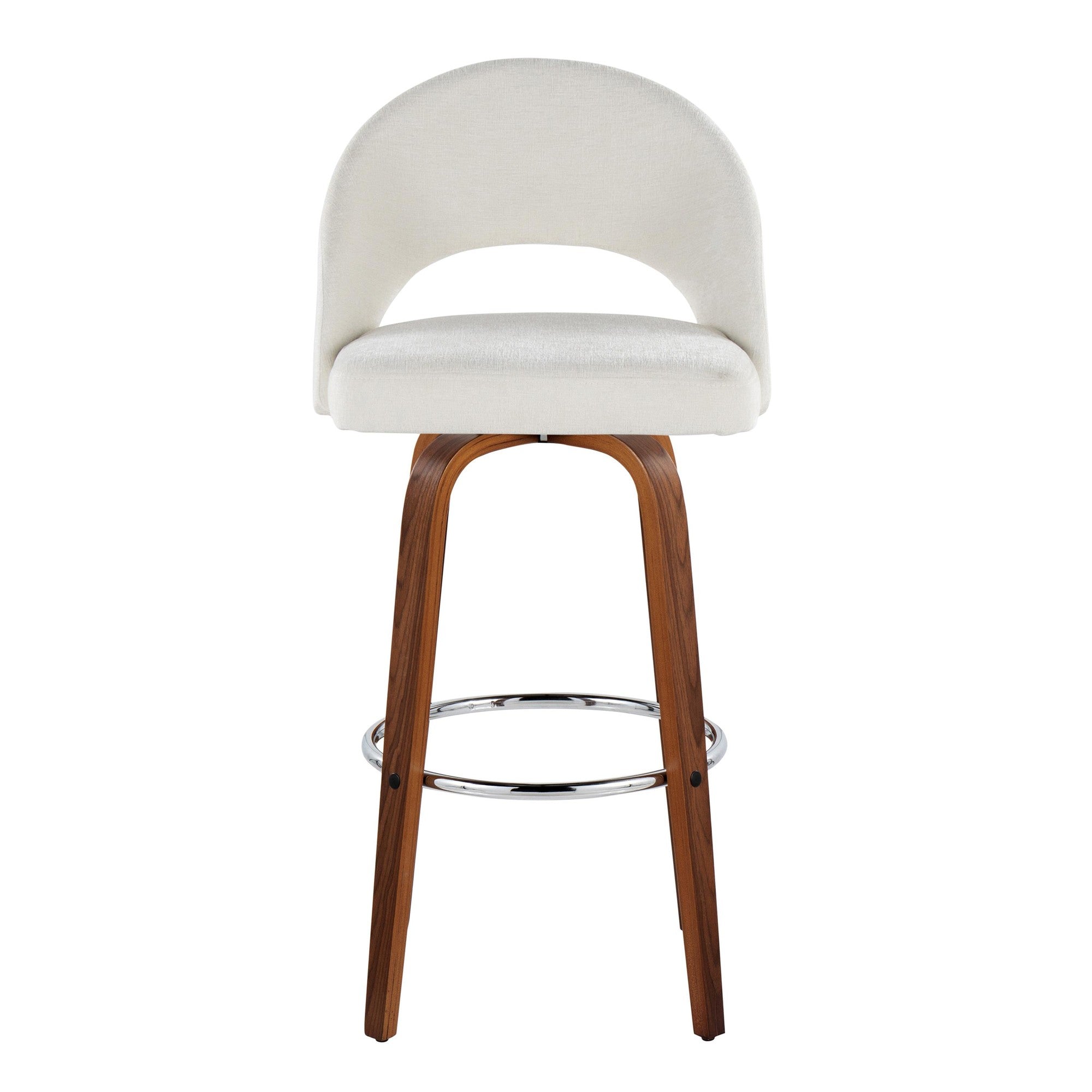 Renee Upholstered 30" Fixed-Height Barstool - Set of 2 - Walnut Wood, Cream Fabric, Chrome Metal