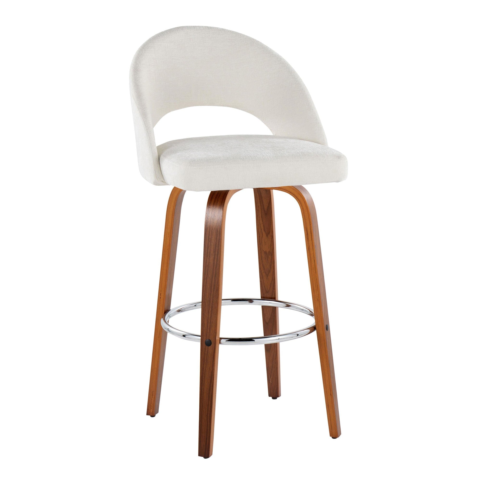 Renee Upholstered 30" Fixed-Height Barstool - Set of 2 - Walnut Wood, Cream Fabric, Chrome Metal