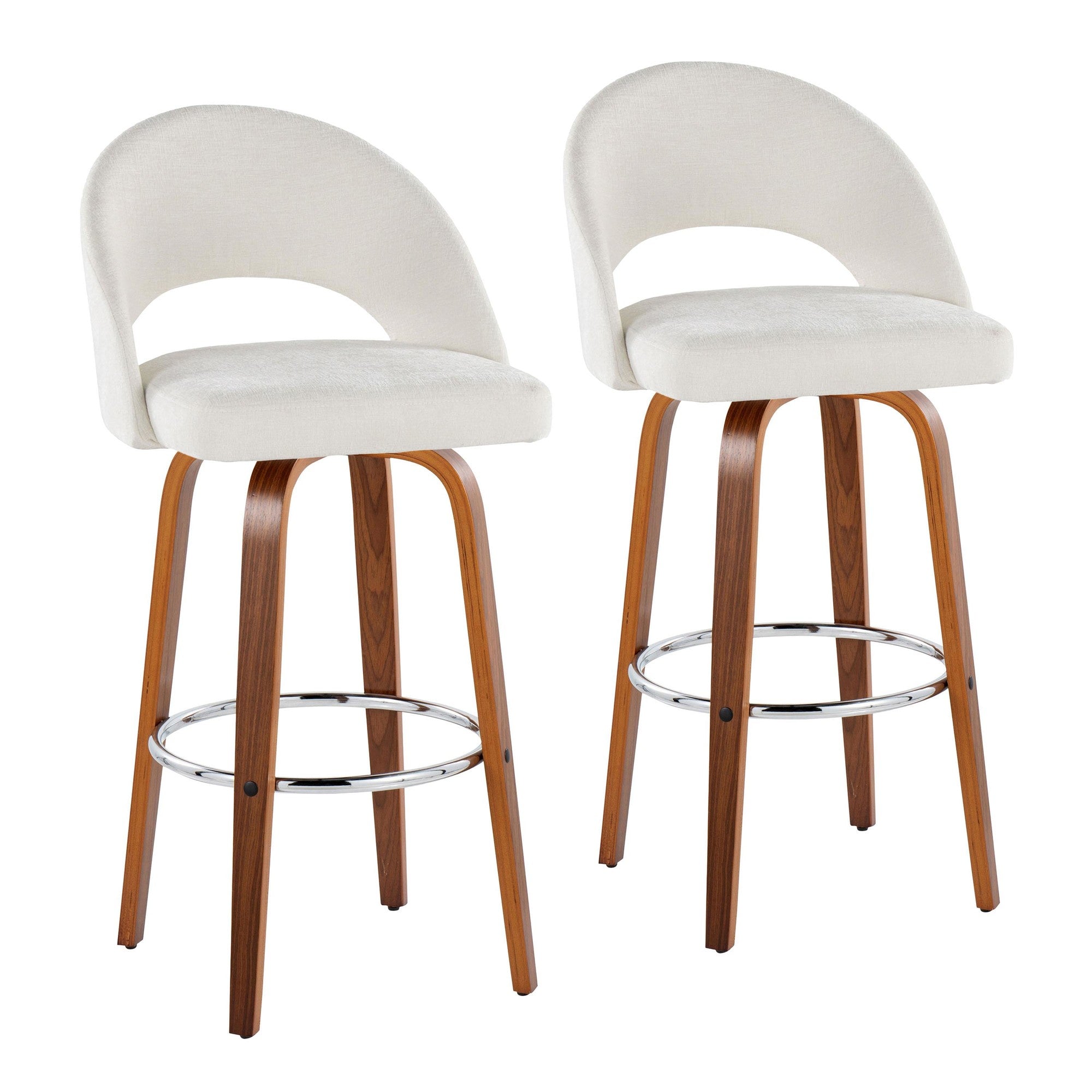 Renee Upholstered 30" Fixed-Height Barstool - Set of 2 - Walnut Wood, Cream Fabric, Chrome Metal