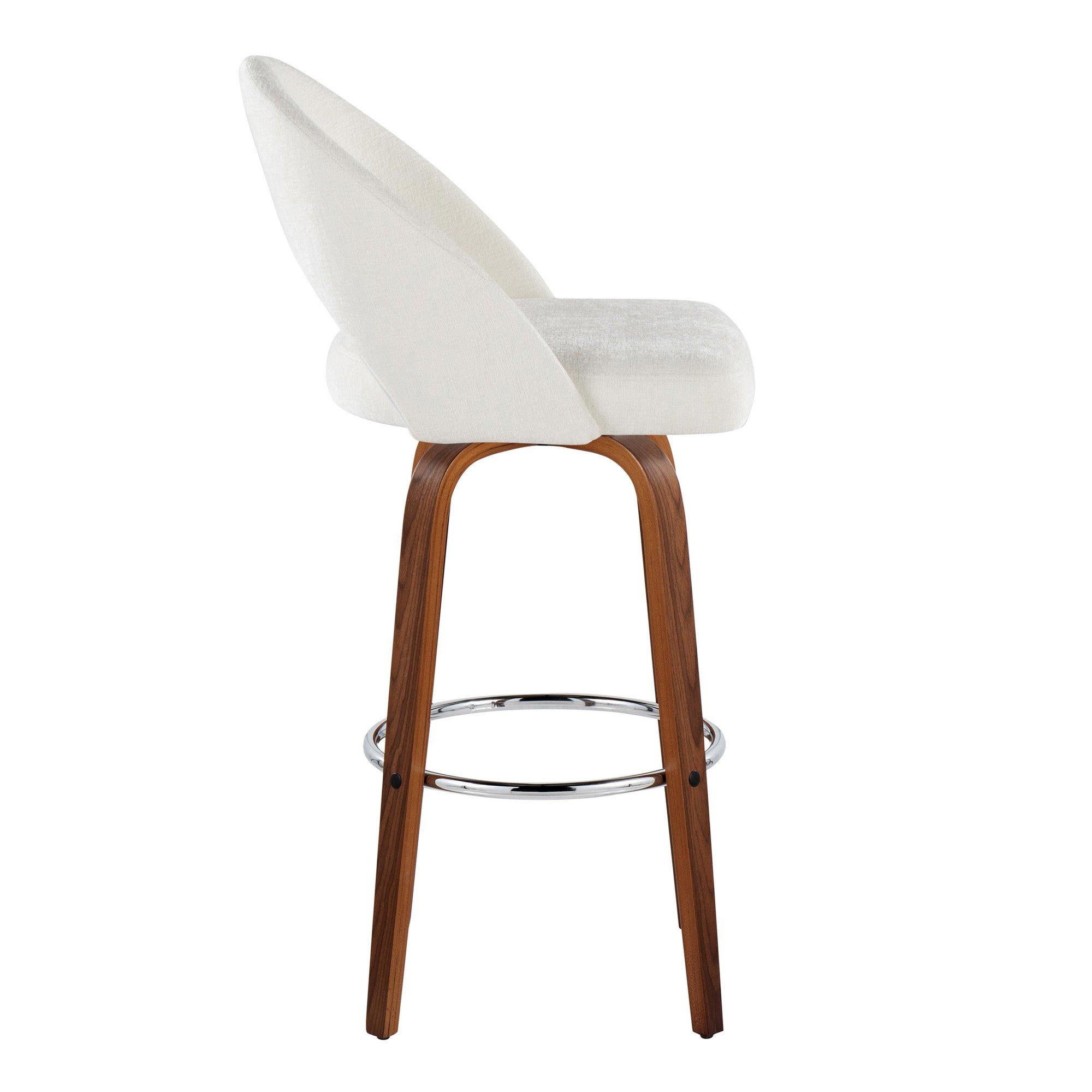 Renee Upholstered 30" Fixed-Height Barstool - Set of 2 - Walnut Wood, Cream Fabric, Chrome Metal