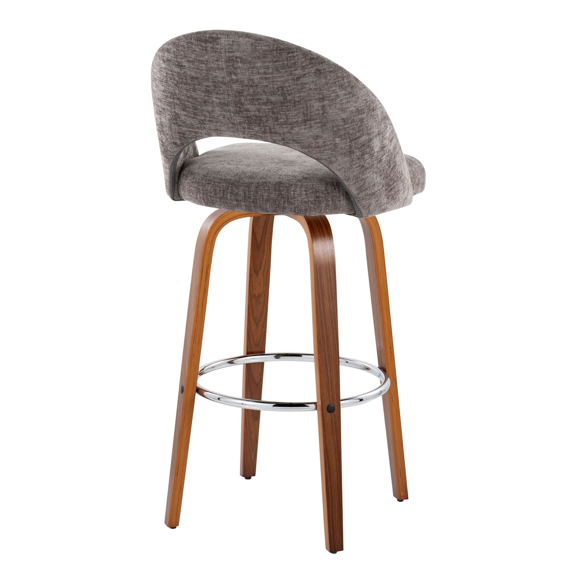 Renee Upholstered 30" Fixed-Height Barstool - Set of 2 - Walnut Wood, Dark Grey Fabric, Chrome Metal