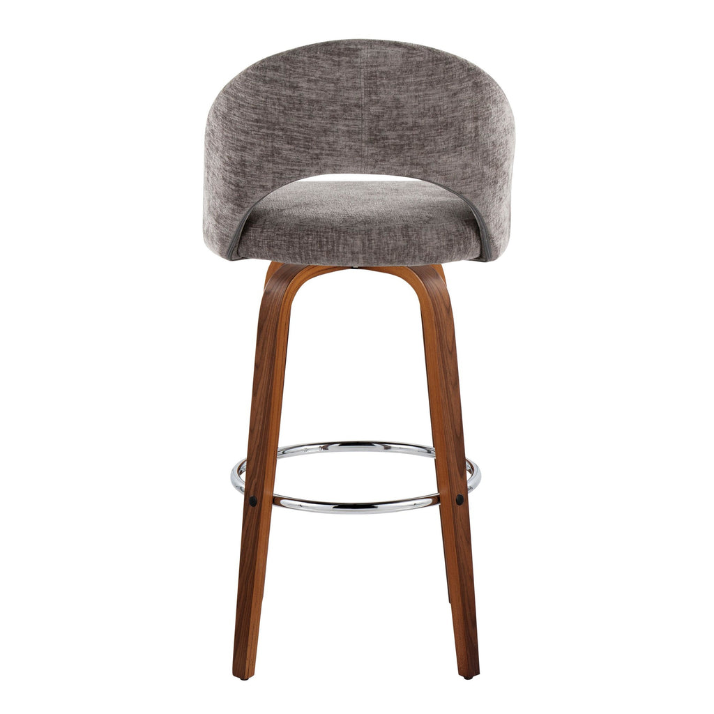 Renee Upholstered 30" Fixed-Height Barstool - Set of 2 - Walnut Wood, Dark Grey Fabric, Chrome Metal