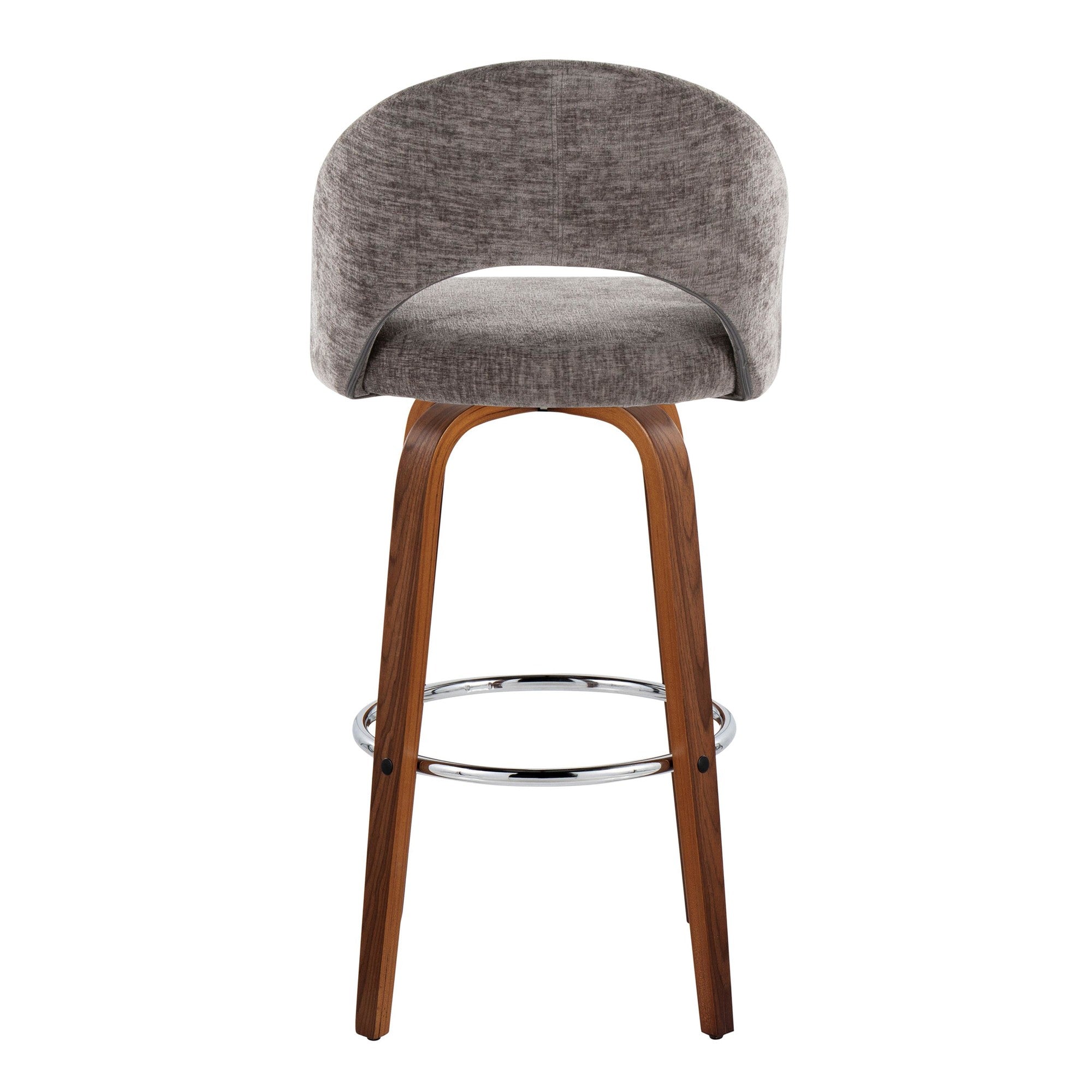 Renee Upholstered 30" Fixed-Height Barstool - Set of 2 - Walnut Wood, Dark Grey Fabric, Chrome Metal