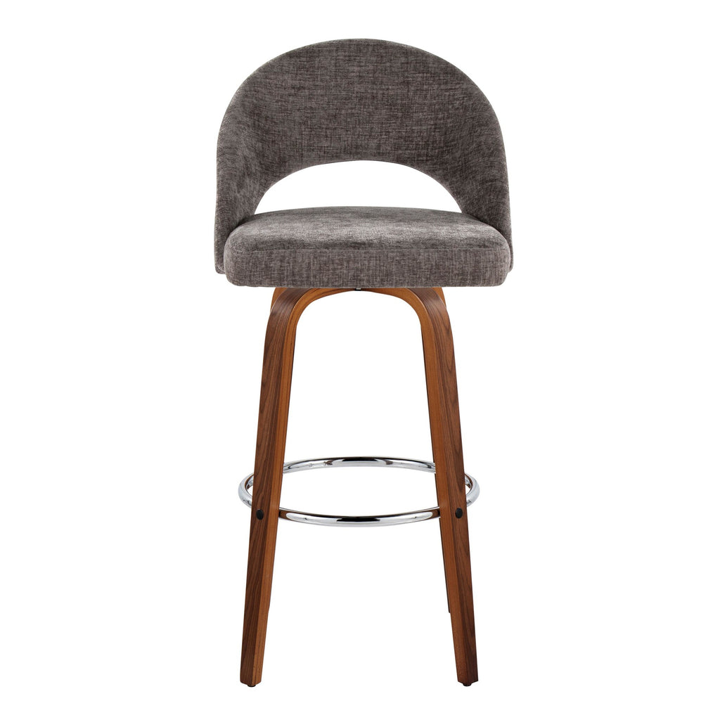 Renee Upholstered 30" Fixed-Height Barstool - Set of 2 - Walnut Wood, Dark Grey Fabric, Chrome Metal