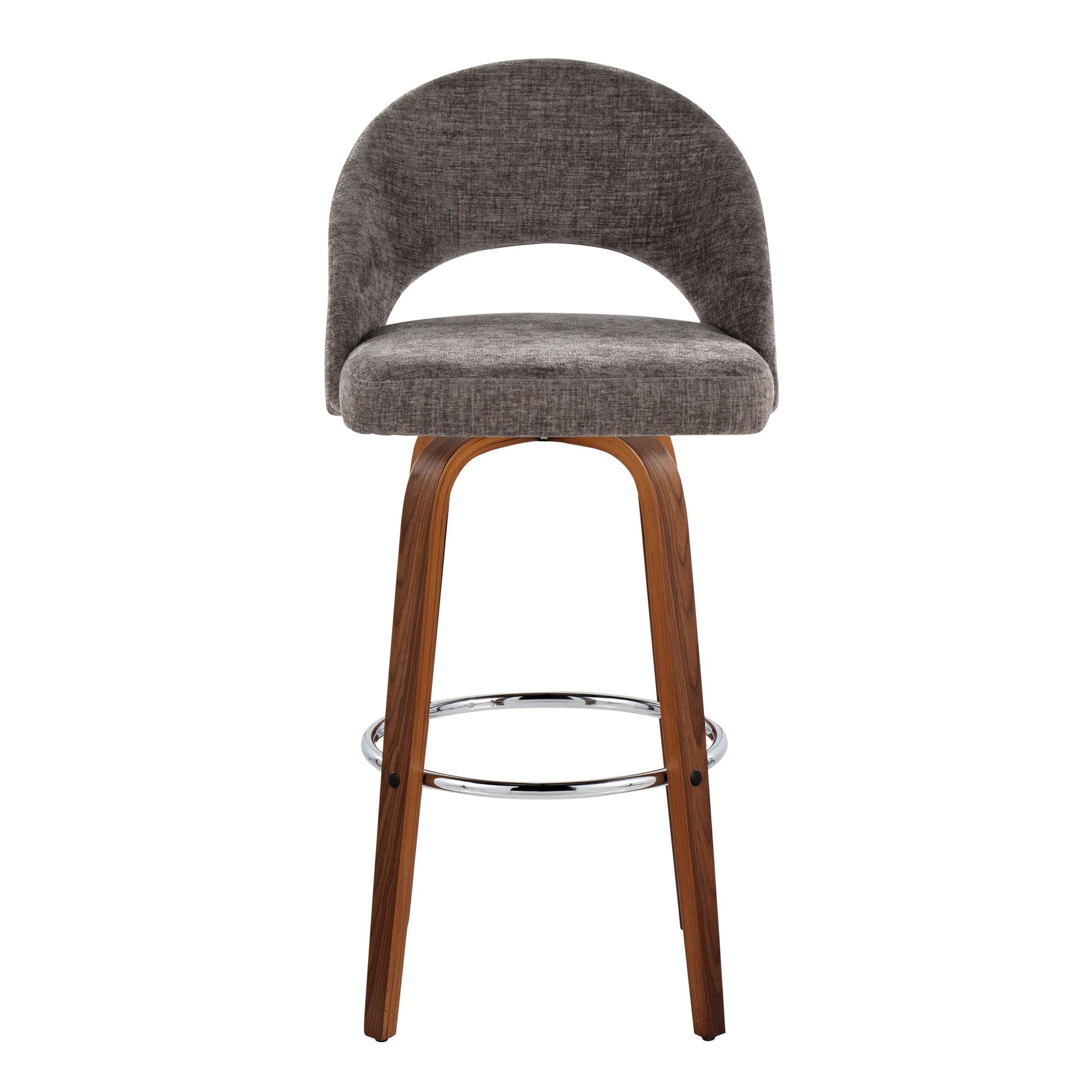 Renee Upholstered 30" Fixed-Height Barstool - Set of 2 - Walnut Wood, Dark Grey Fabric, Chrome Metal